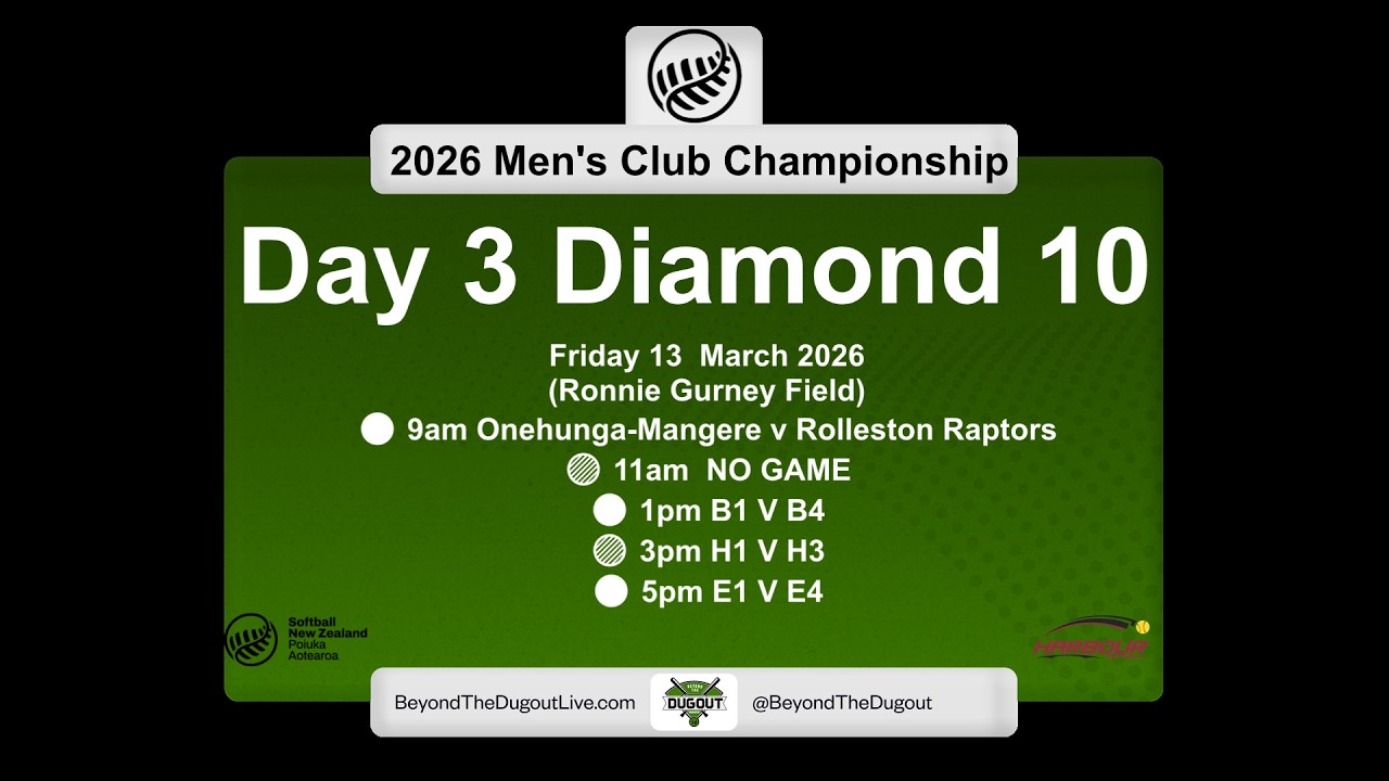 Softball NZ | 2026 Men's Club Championship | D10 Ronnie Gurney Field | Day 3 | 13-3-2026