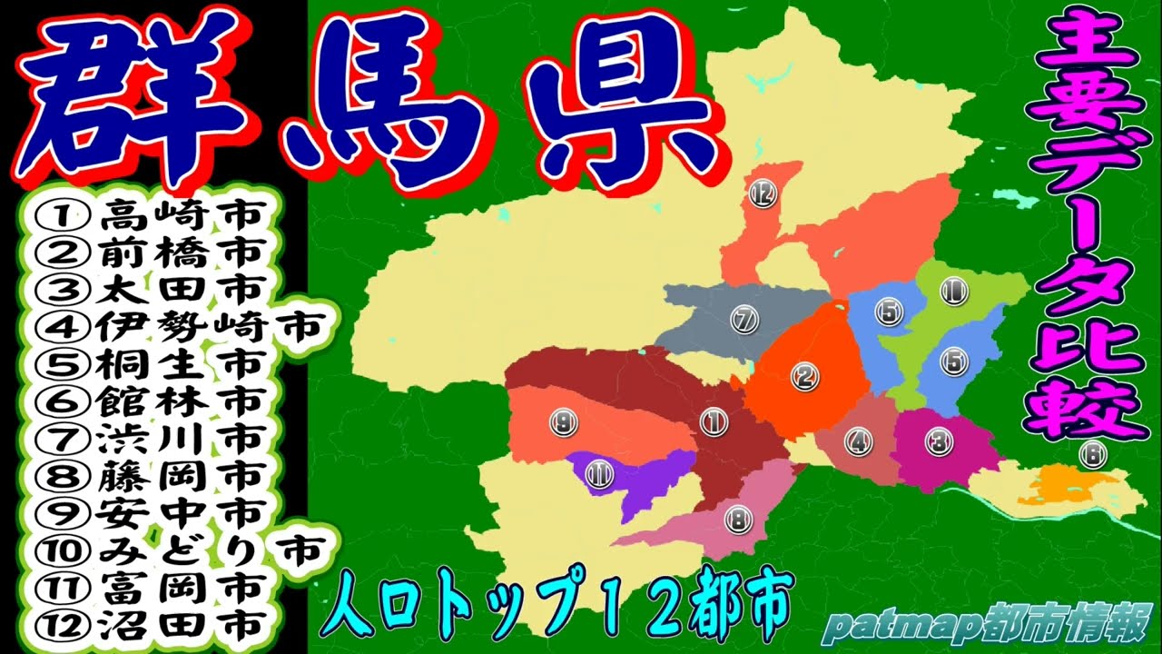 【群馬県】群馬県の上位自治体のデータ比較(高崎、前橋、太田、伊勢崎、桐生、館林、渋川、藤岡、安中、みどり、富岡、沼田)