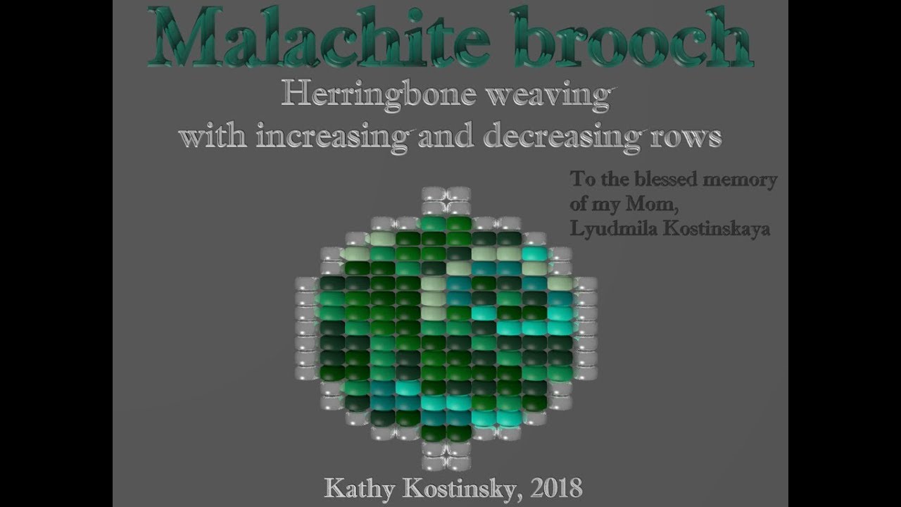 Malachite brooch. Flat herringbone with increasing and decreasing rows.  Beading cartoon