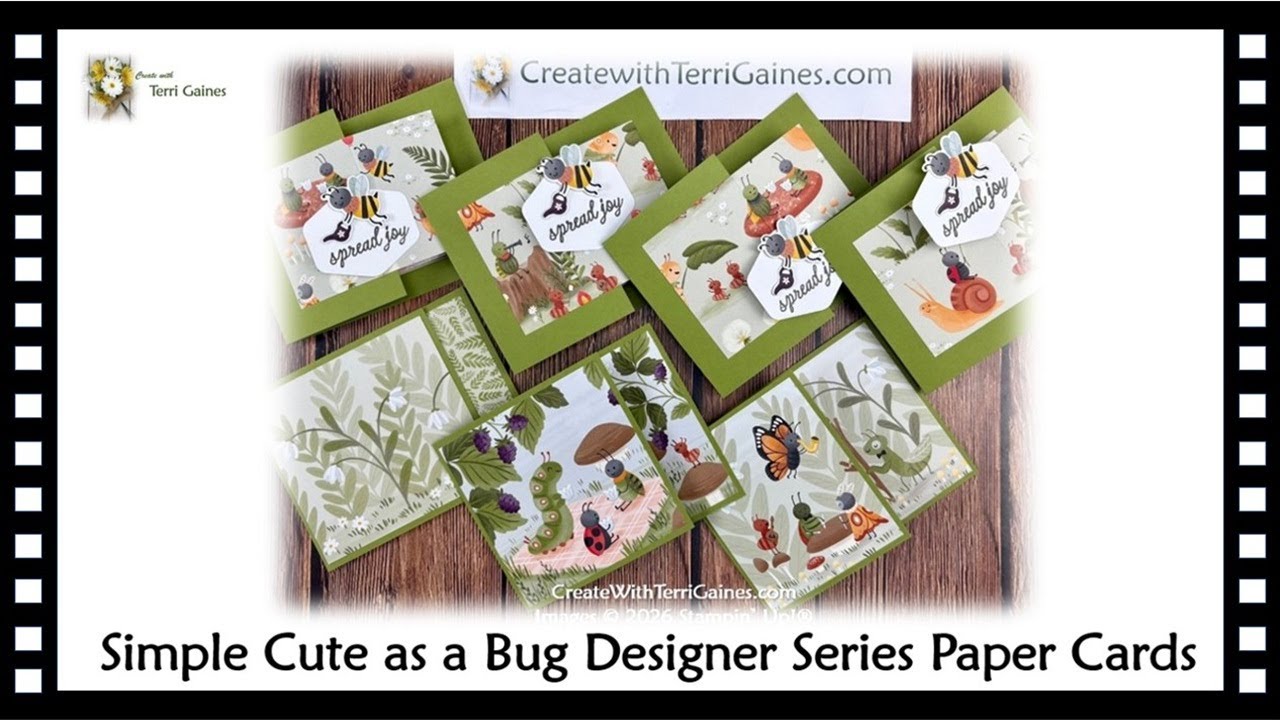 Простые и милые открытки с использованием дизайнерской бумаги Cute as a Bug — видеоурок и размеры.