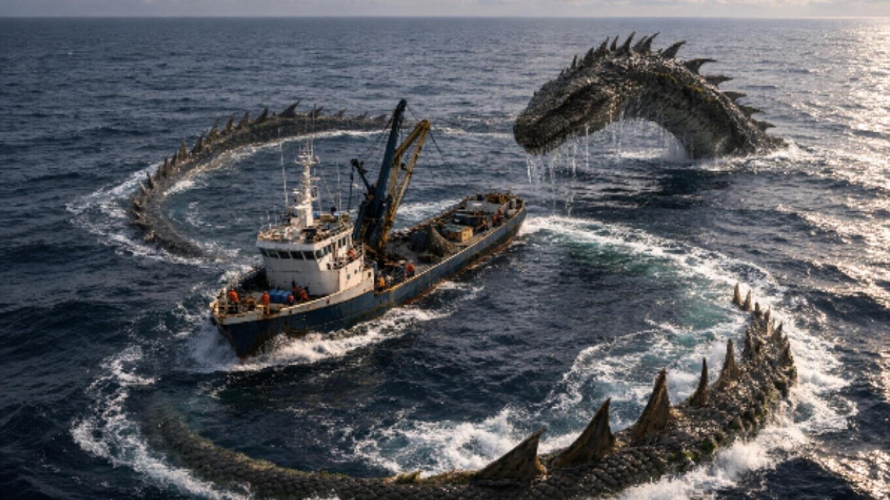 Giant Spiked Serpent Attacks Fishing Boat in the Middle of the Ocean