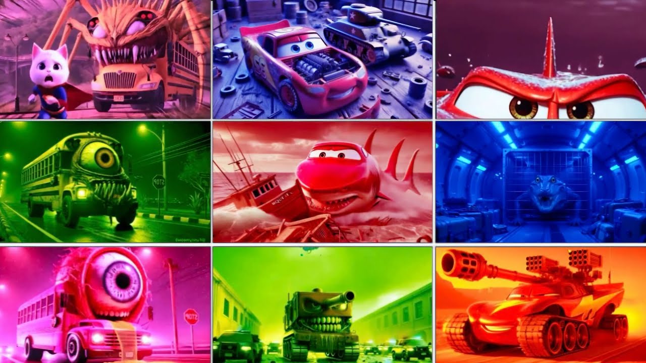 School Bus Monster VS Monster McQueen Shark VS Monster McQueen Tank VS Monster Airplane Coffin dance