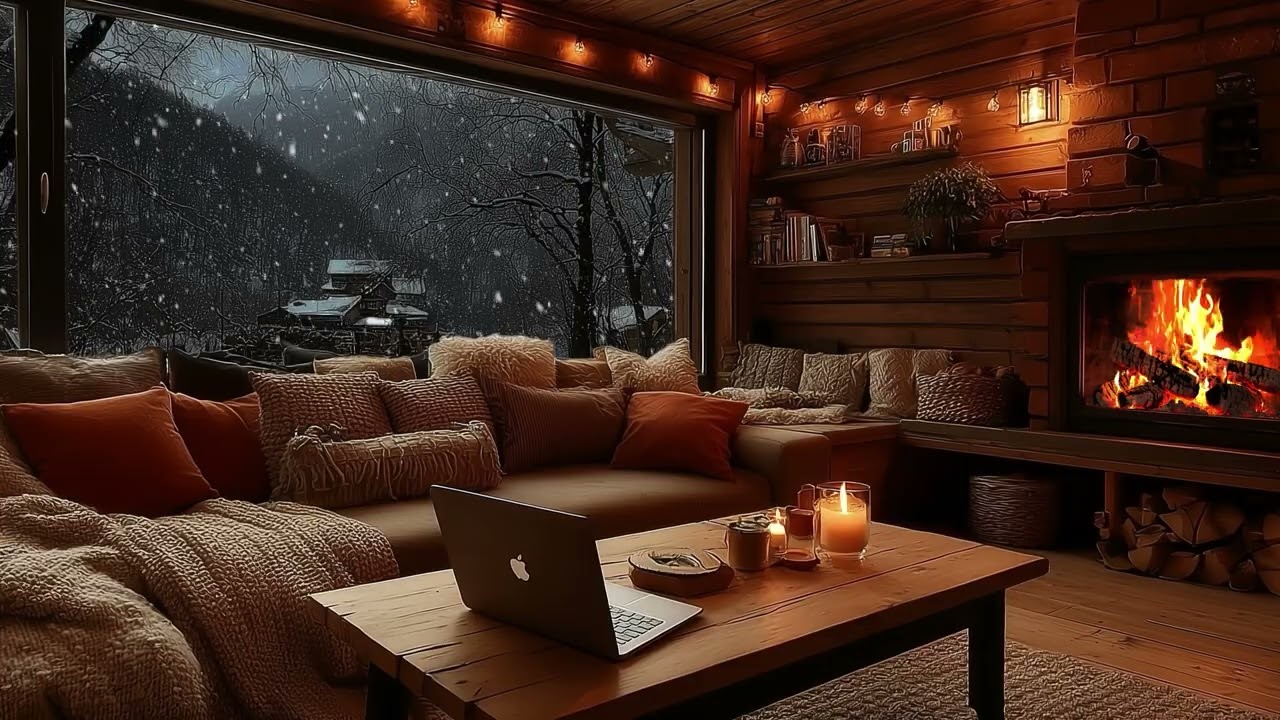 Serene Cabin Night Ambience | Cozy Fireplace Crackles and Quiet Snowfall for Restful Sleep