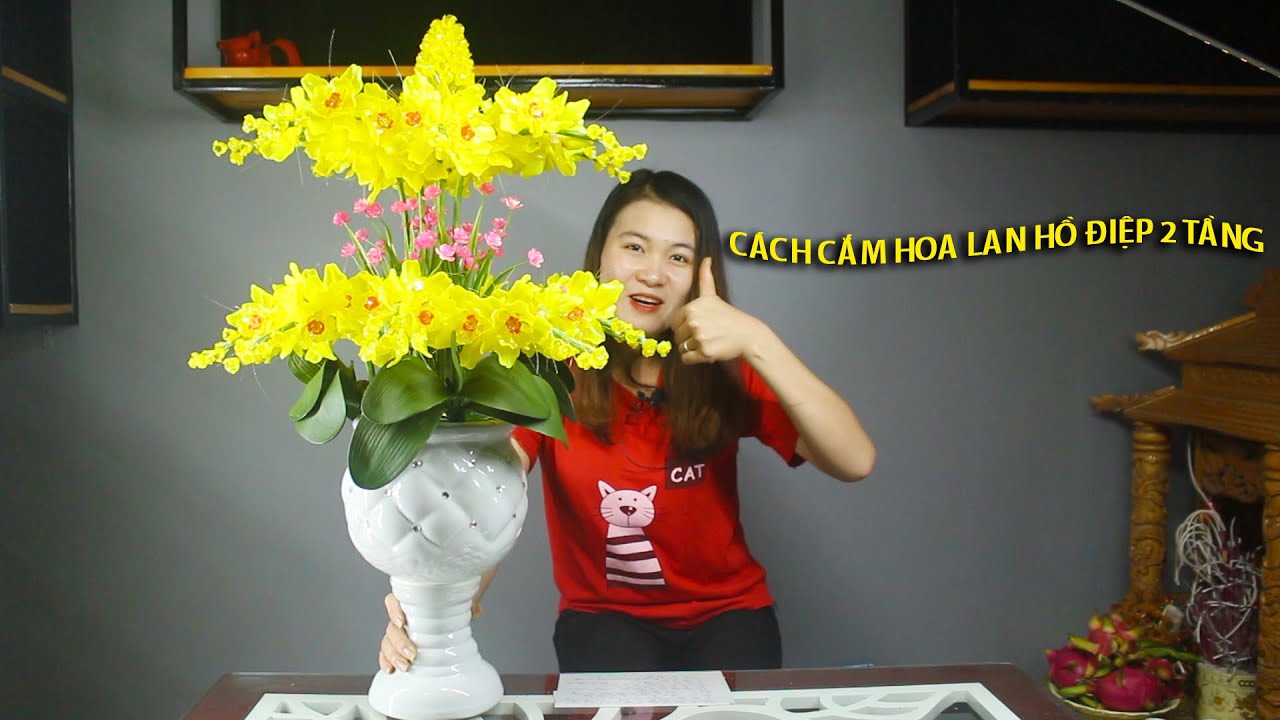 Cách Cắm Bình Hoa Lan Hồ Điệp Pha Lê Đá Vàng 2 TẦNG Cánh Mẫu Đơn To
