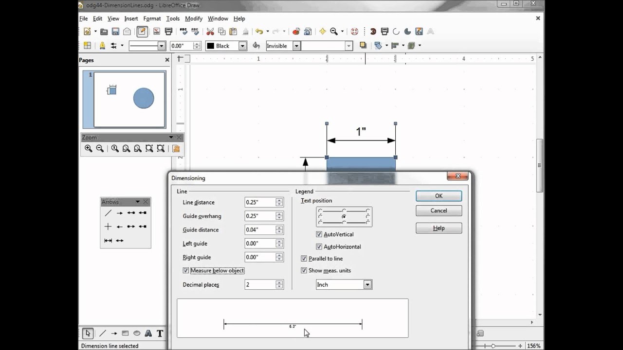 LibreOffice Draw (45) Dimension Lines Part 2 Dimesnion Line  Dialog Box