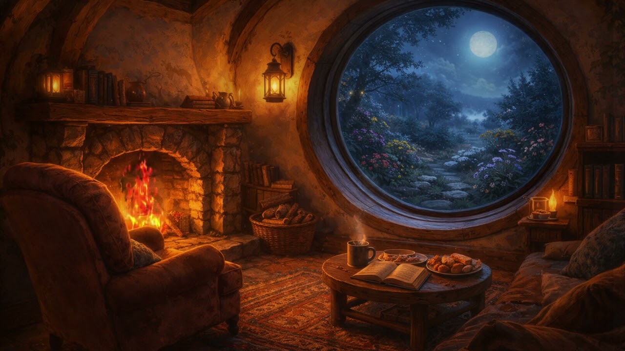 Cozy Burrow Home at Night | Peaceful Fireplace & Moonlit Fantasy Room for Relaxation & Sleep