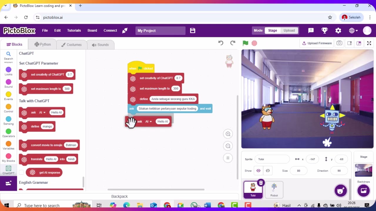 Membuat Chatbot Sederhana dengan Pictoblox extensi Chatgpt #diklat KAA SMP