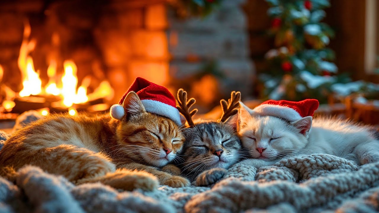 Christmas Fireplace Sleep – Cozy Cat Purring & Warm Holiday Night Ambience for Deep Rest