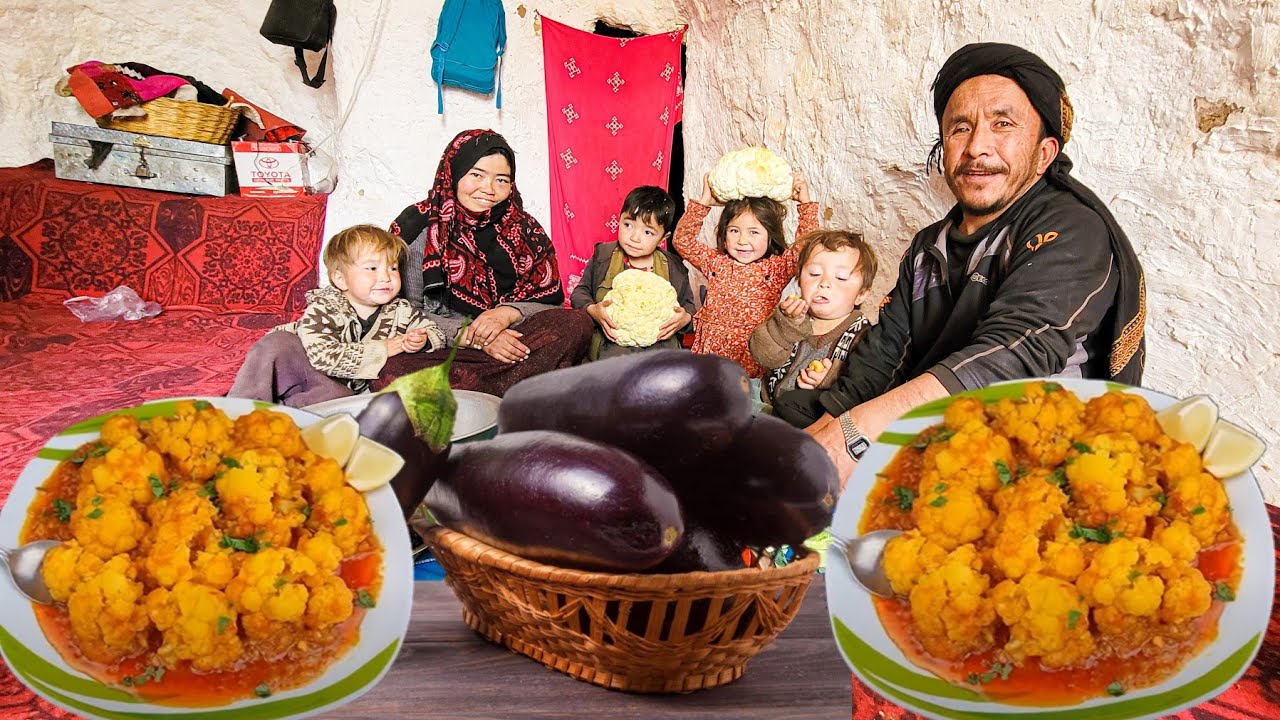 living in a cave in winter | TWIN CHILDREN | Afghanistan village cooking | cooking eggplant Stew