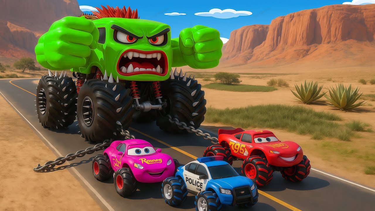 3 Hero Cars – Police Car, Red McQueen, and Pink McQueen Trap the Spiky Tire Monster Truck?