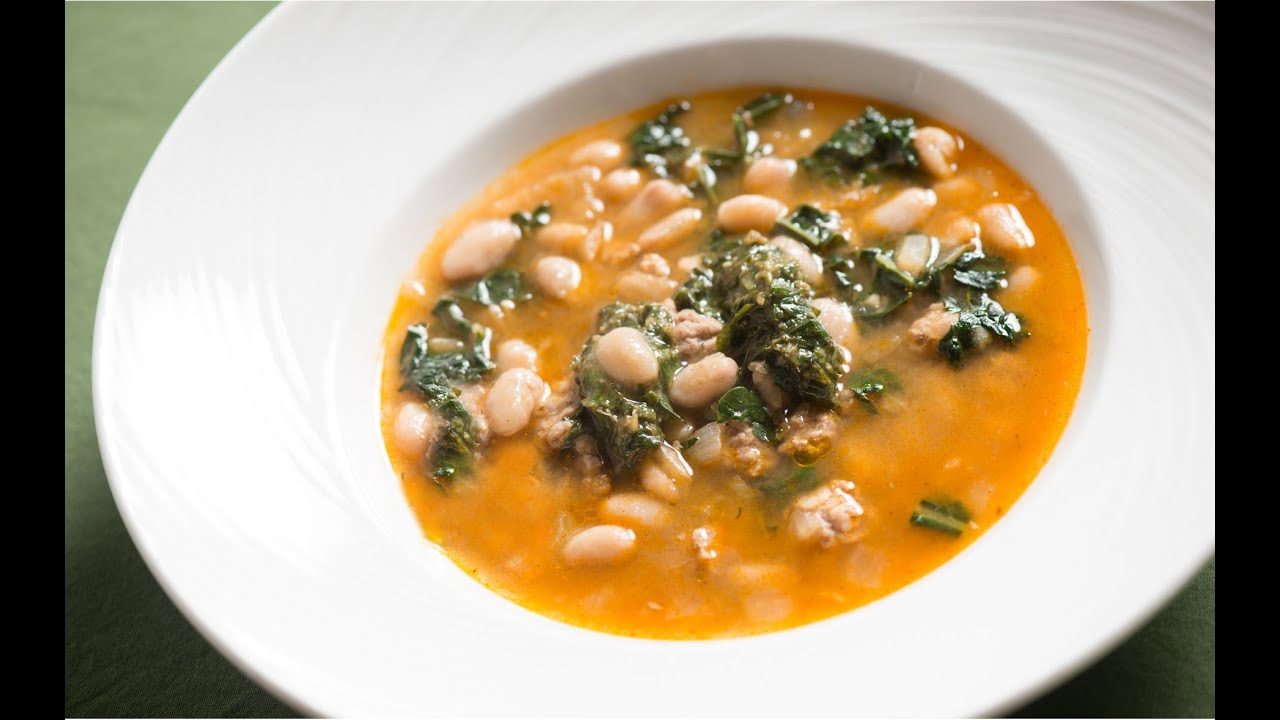 Sausage and White Bean Soup with Kale and Basil Pesto