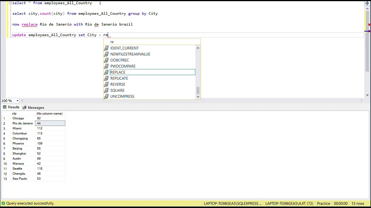 Replace function with update query