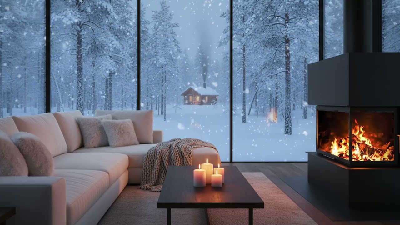 Snowy Cabin Ambience with Relaxing Piano ❄️ Winter Sounds & Fireplace for Sleep