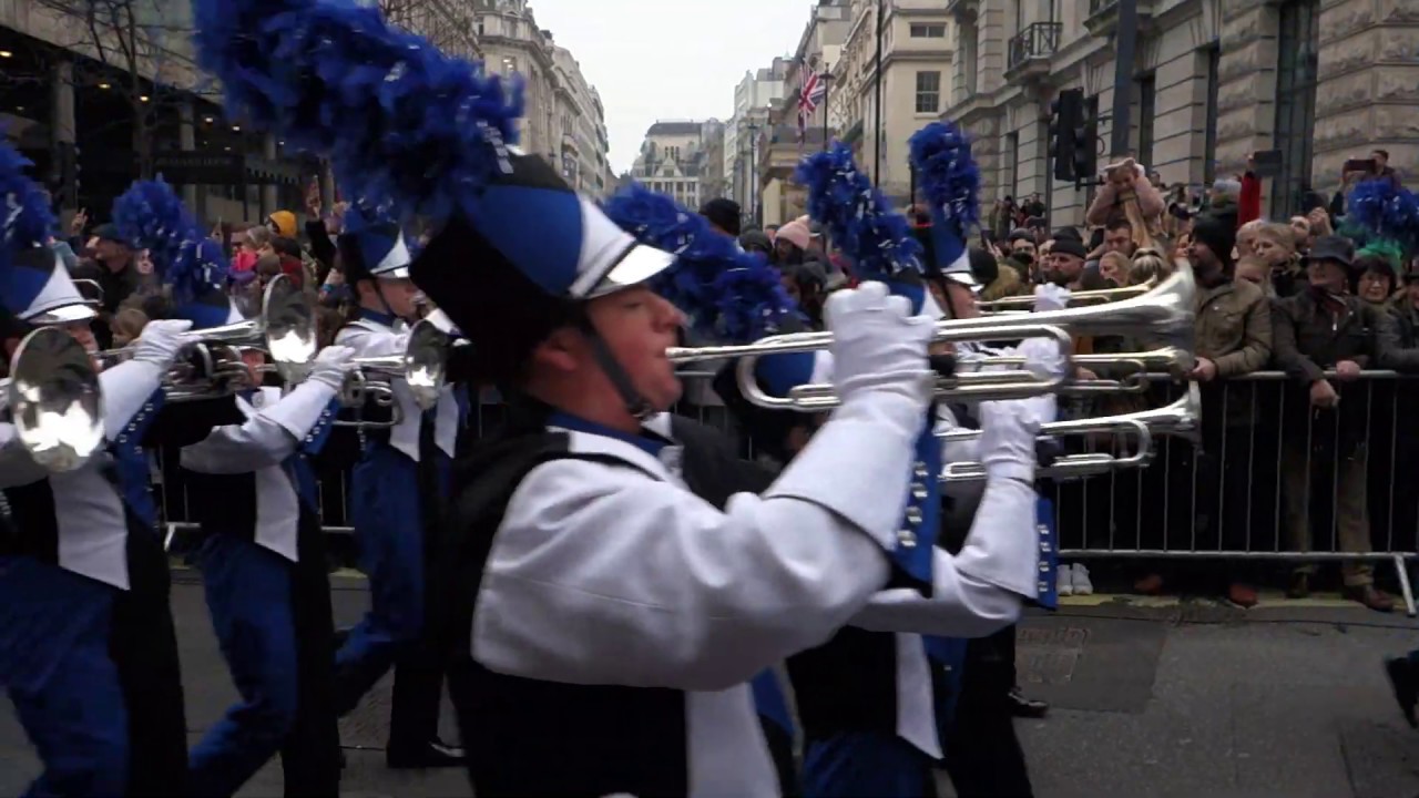 London New Year's Day Parade Brunswick Ohio HS Blue Devils Marching Band Play 'Auld Lang Syne'