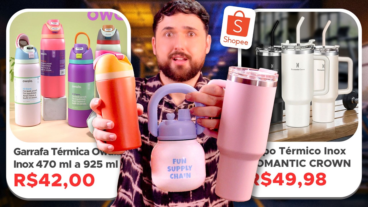 😱 Testei RÉPLICAS de GARRAFAS TÉRMICAS FAMOSAS da Shopee | Owala, Stanley e Chako Lab
