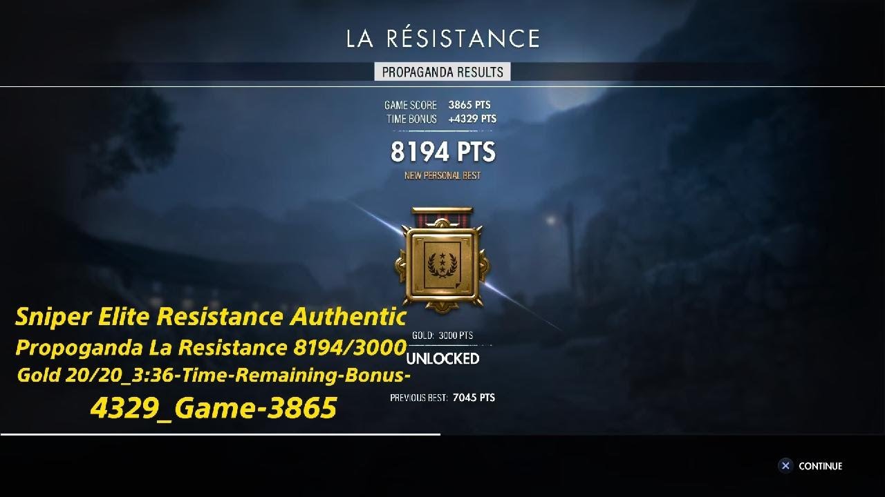 Sniper Elite Resistance Authentic Propoganda La Resistance 8194/3000 Gold 20/20_3:36-Time-Bonus-4329