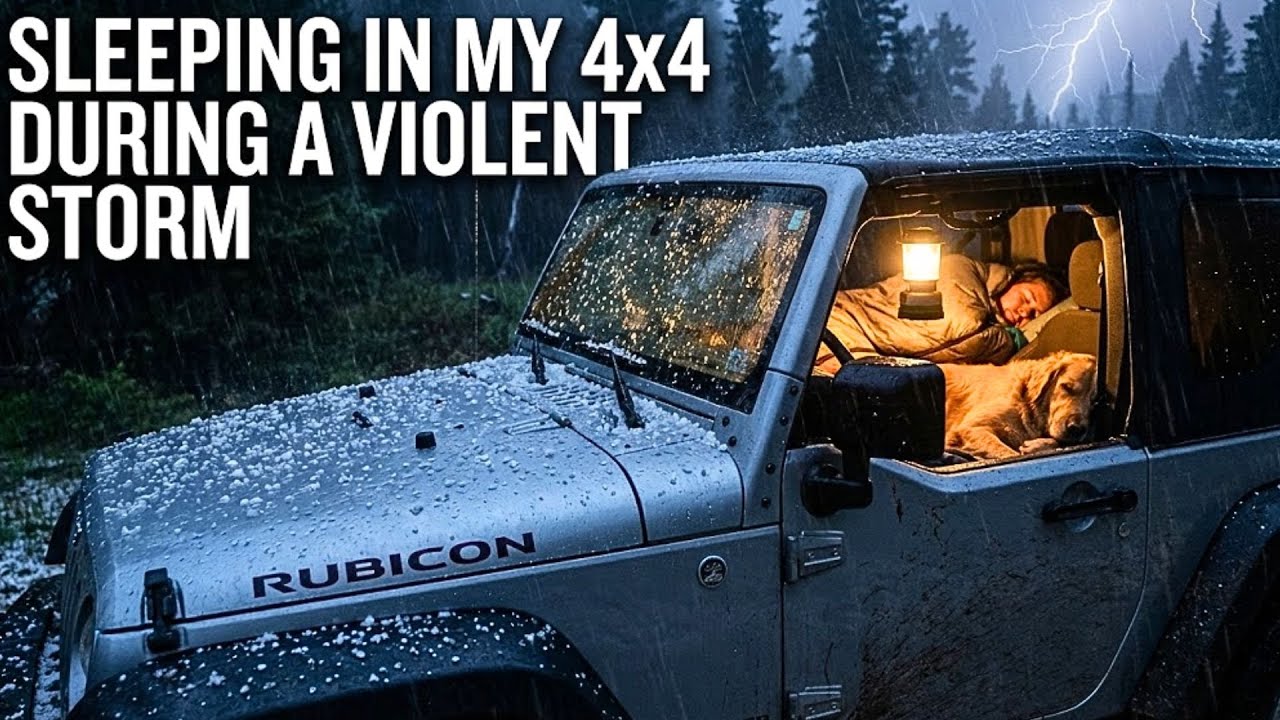 SLEEPING in my 4x4 during a VIOLENT STORM [ Hail Sounds, Cozy Shelter, Dog Sleeping ]