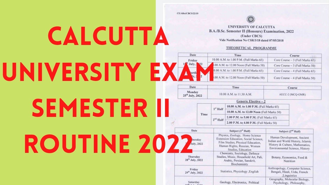 Calcutta university Exam Semester-  II Routine 2022 | UG Exam Routine 2022 |