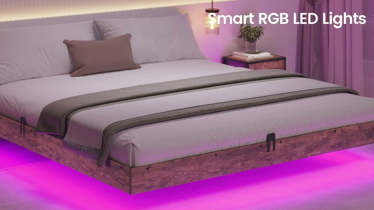 Sikaic Floating Industrial Wooden Metal Platform Bed Frame With LED Lights