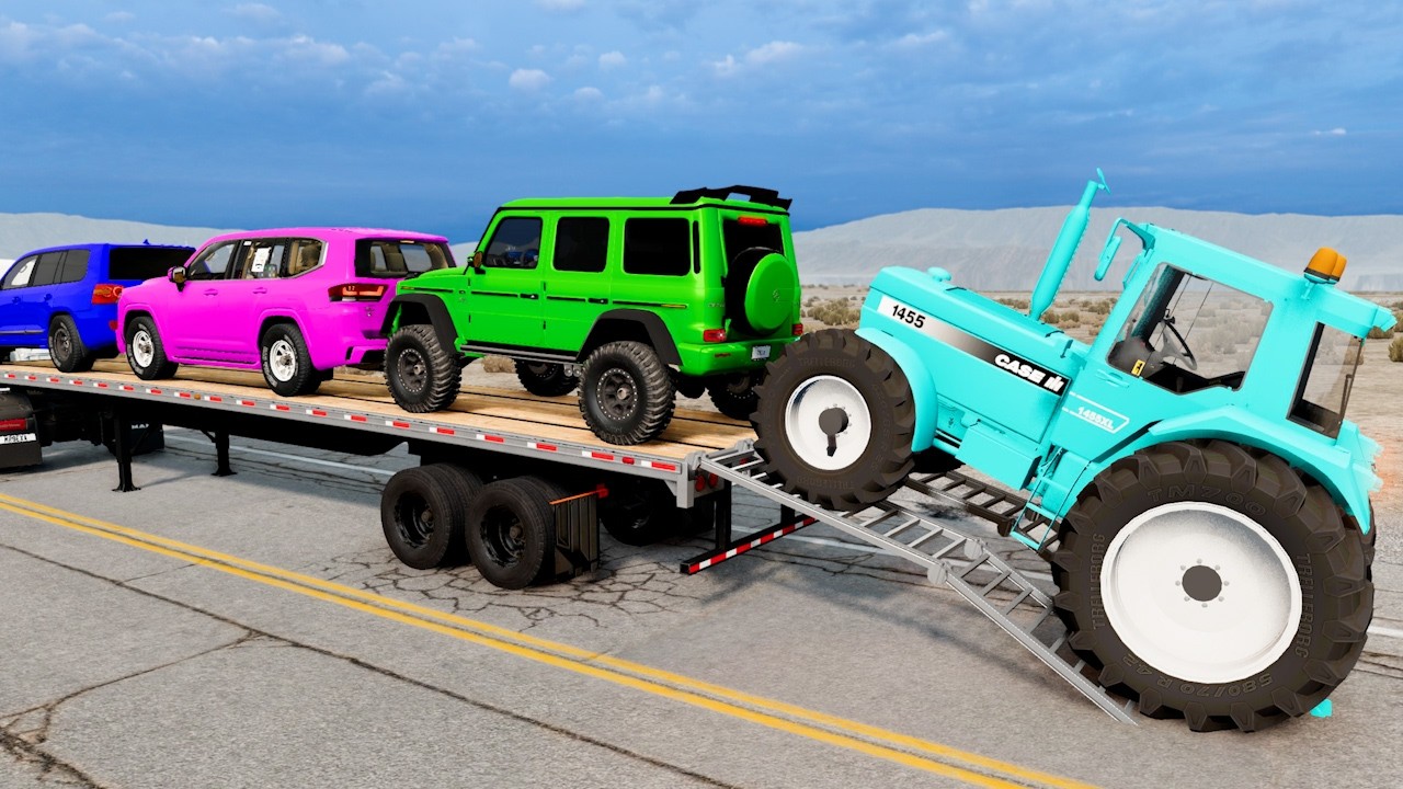 Flatbed Trailer McQueen Transportation with Truck - Speedbumps vs Cars vs Train - BeamNG.Drive #021