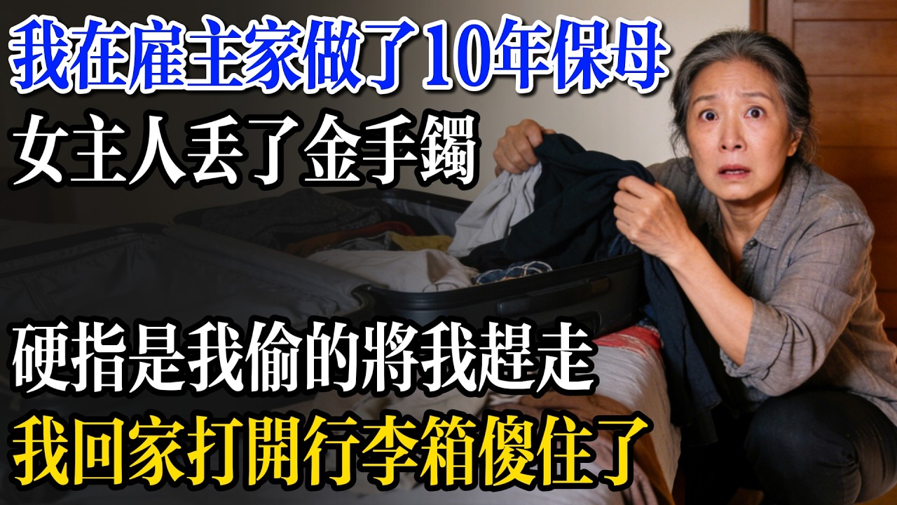 我在雇主家做了10年的保母，女主人丟了金手鐲，硬指是我偷的將我趕走。我回家打開行李箱傻住了