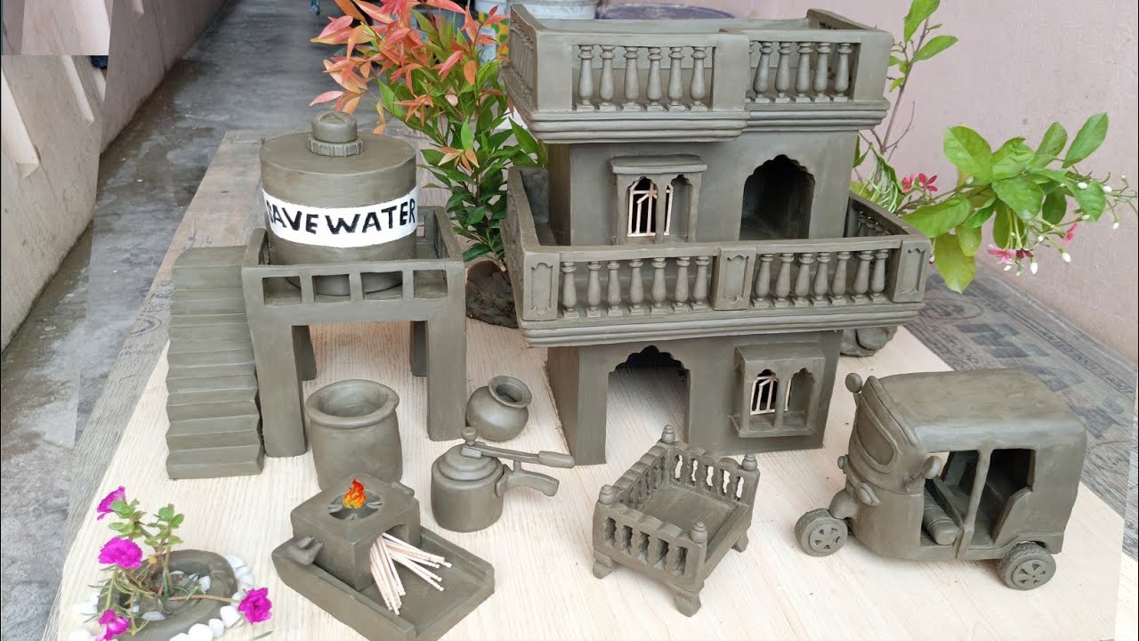 Build Miniature Clay House with Water Tank Auto Rickshaw Sofa And Mini Cooking Set Dream House