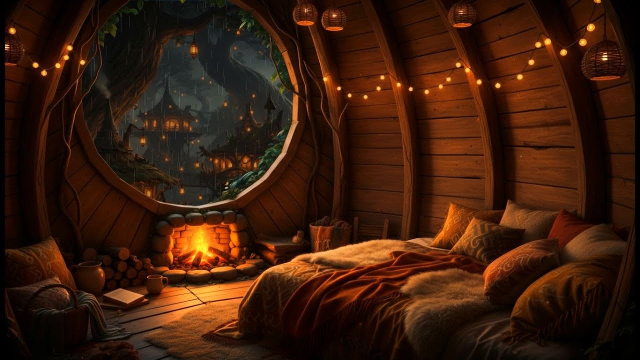 10 Hours of Cozy Rain & Fireplace Sounds 🌧️🔥 | Treehouse Cabin Ambience for Reading, Study & Sleep