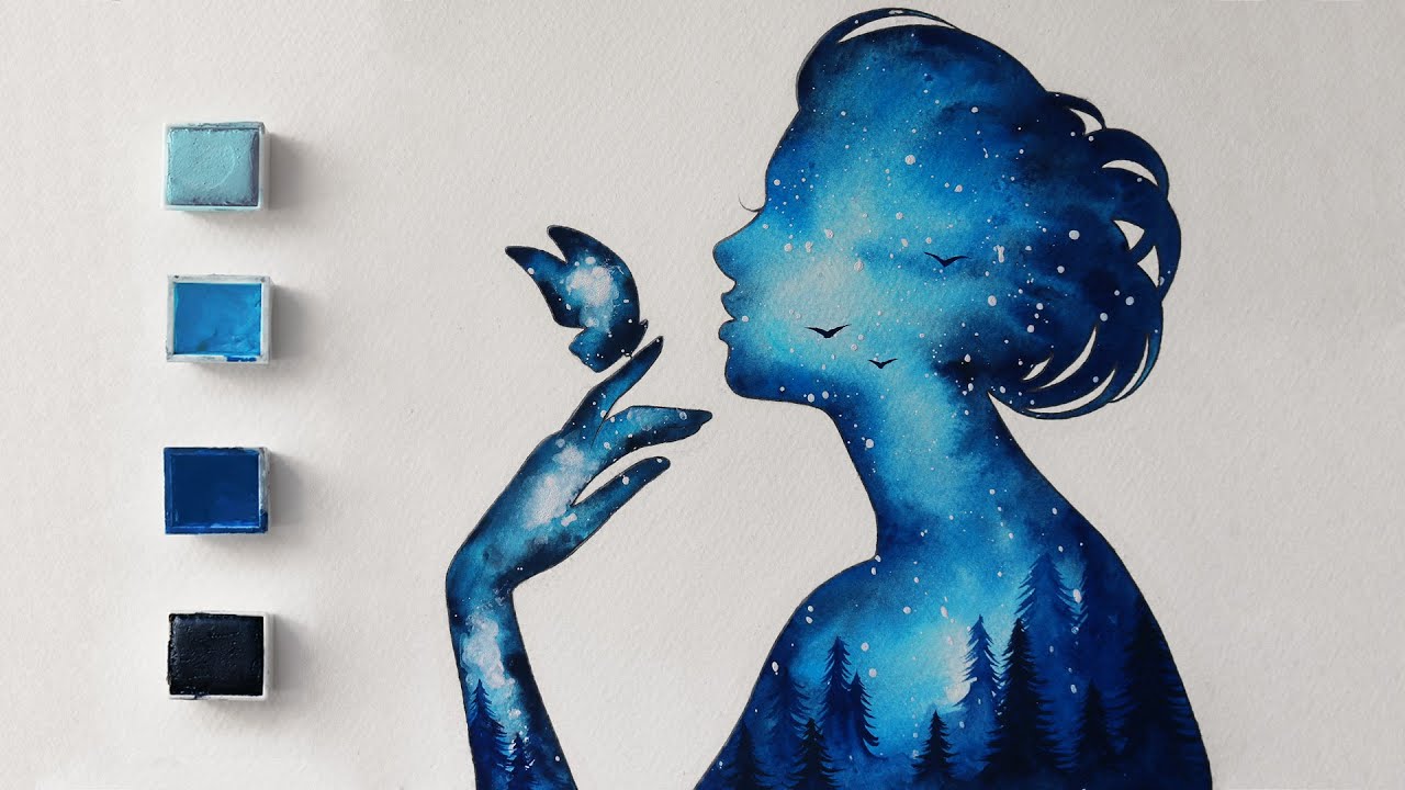 تعلم الرسم : كيف ترسم منظر ليلي ومجرة داخل بورترية بـ 4 الوان فقط