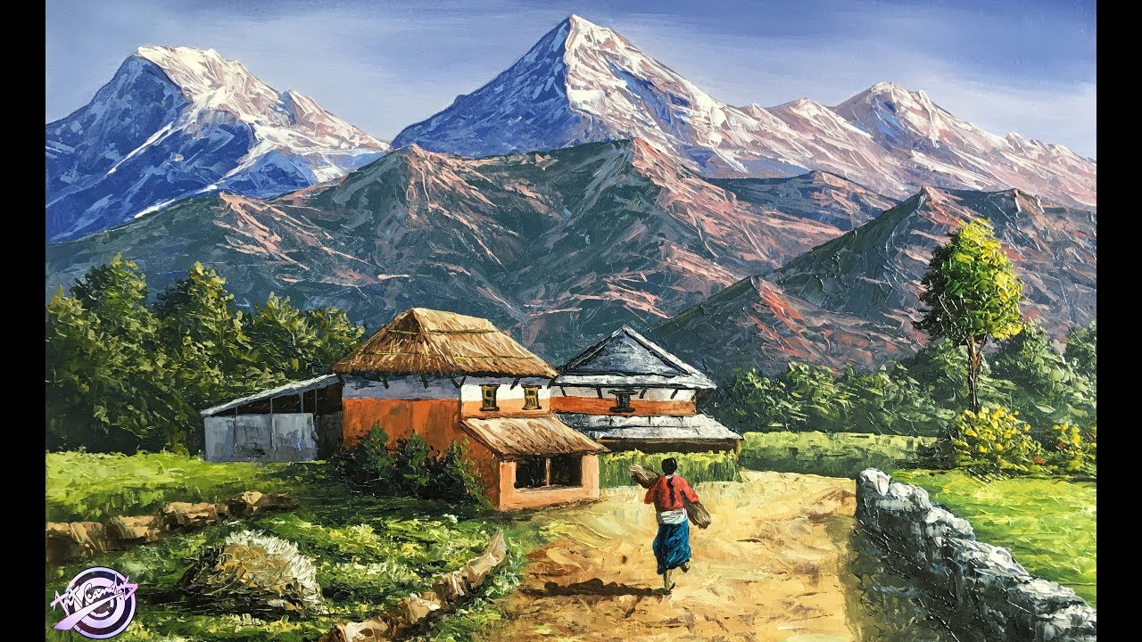 Mountain Landscape Painting | Typical Nepali Village Painting | Painting tutorial for Beginners