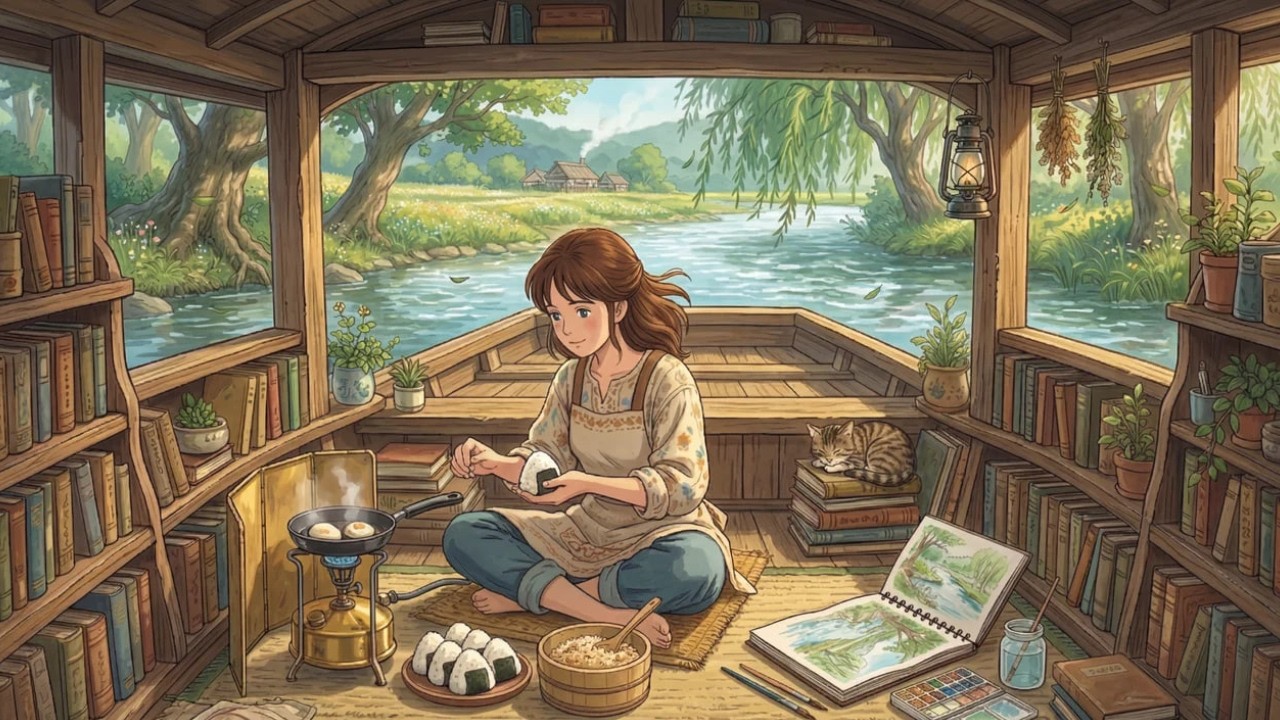 Floating Library Life: Making Onigiri & River Breeze Sketching | ASMR & Cooking | Ghibli-Style