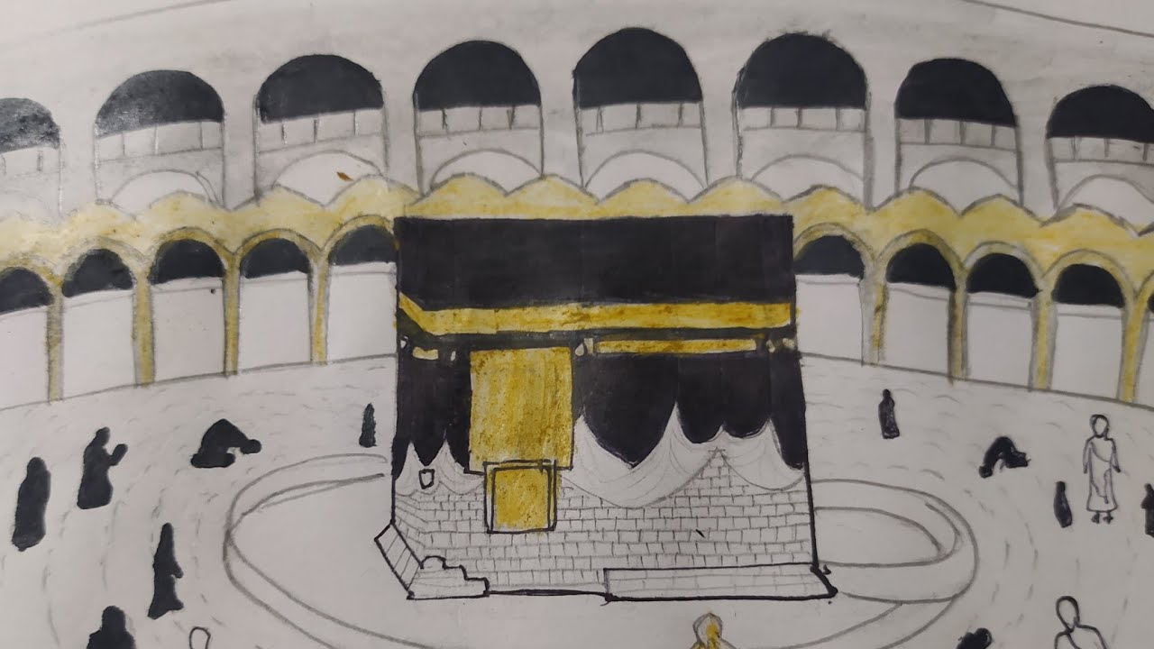 رسم الكعبة بطريقة سهلة وبسطية طريقة رسم الكعبة بمعدات منزلية للمبتدئين #رسم_الكعبة_المشرفة_بلرصاص