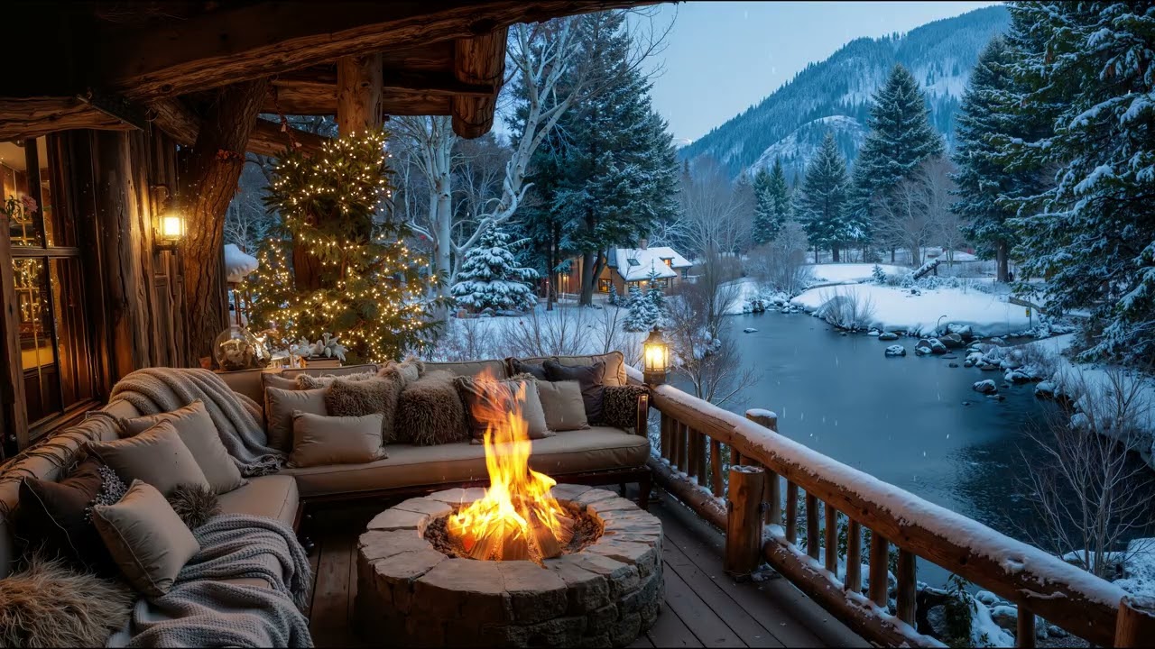 Tranquil Winter Morning by a Riverside Cabin ❄️ Cozy Firepit Crackles for Relaxations