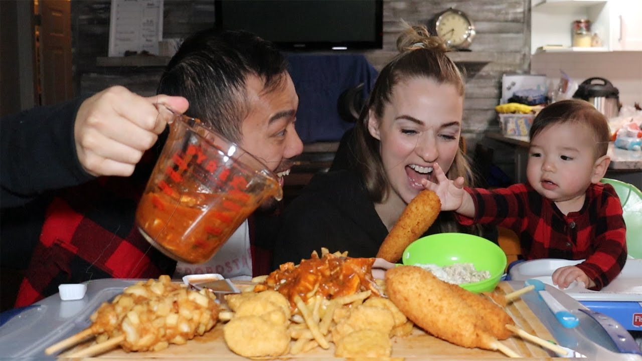 CHEESY KOREAN CORNDOGS, BUTTER CHICKEN POUTINE & MCDONALDS CHICKEN NUGGETS MUKBANG!