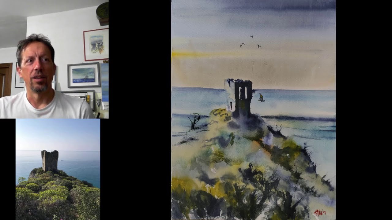 Torre Fantasy ACQUERELLO IN REAL TIME tutorial facile commentato in tempo reale WATERCOLOR LANDSCAPE