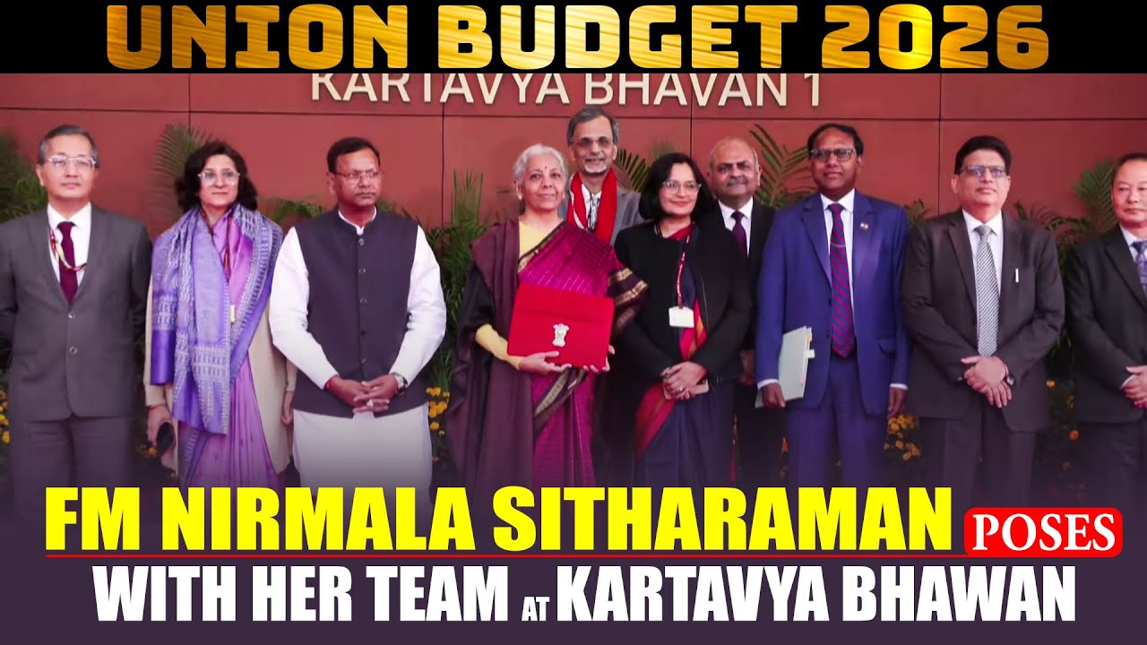 LIVE: Finance Minister Nirmala Sitharaman poses with her team ahead of presentation of Budget 2026