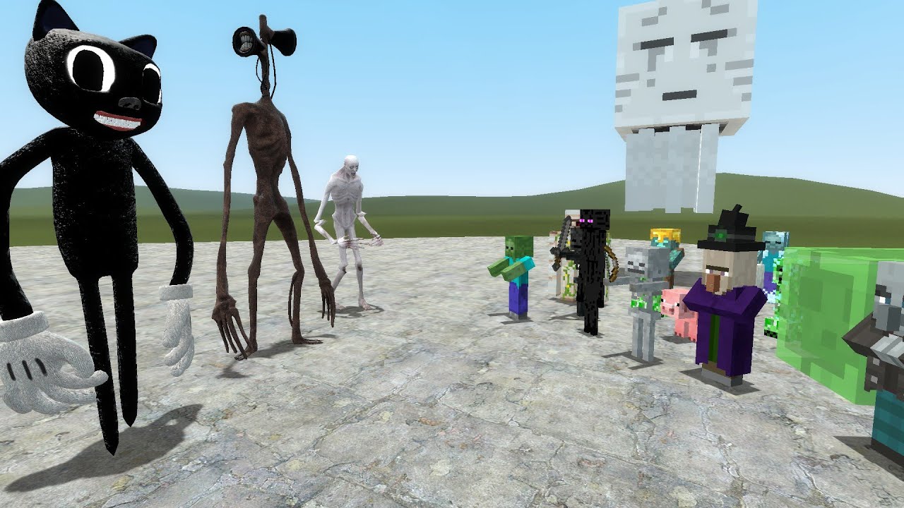 CARTOON CAT & SIREN HEAD OLD & SCP 096 SHY GUY VS MINECRAFT MOBS!! Garry's Mod Sandbox