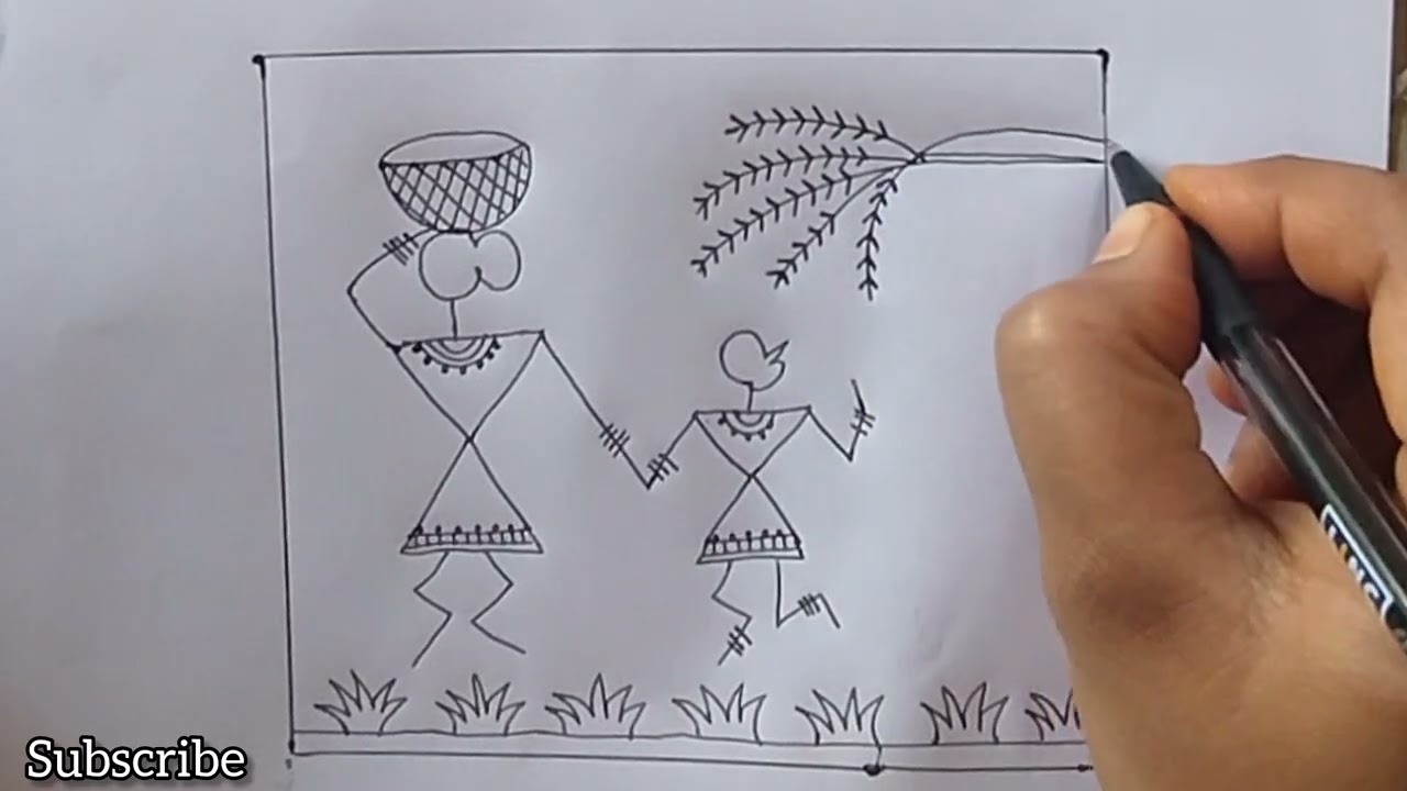 Simple drawing mam&daughter in village 