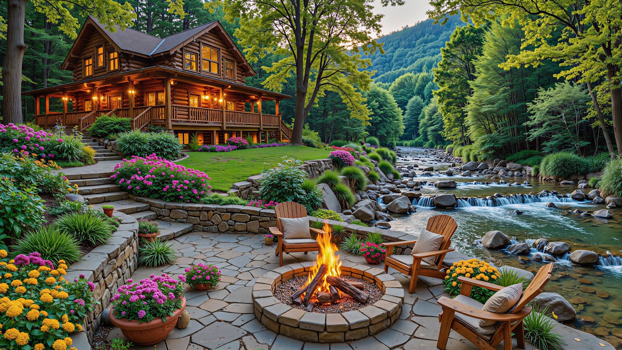 Cozy Piano Music with Spring Forest Riverside 🌿🔥 Crackling Fire pit & Nature Sounds Ambience