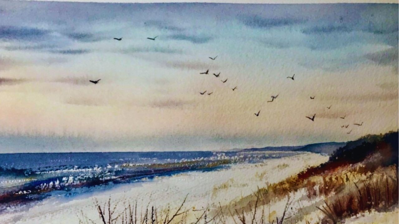 Атмосферный морской пейзаж. Учебник по акварели &laquo;Зимний пляж&raquo;. Используем всего 3 цвета!