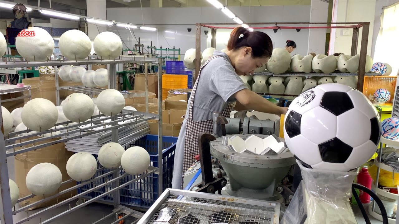 The mass production process of a $28 hot-glued soccer ball and an $8 stitched soccer ball