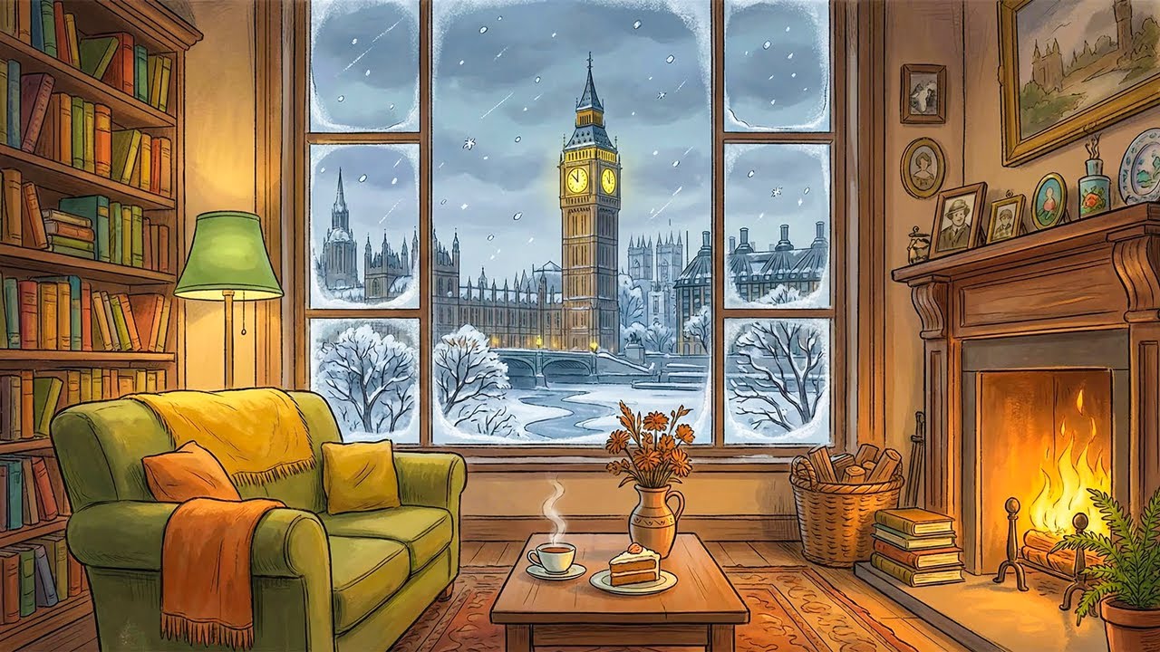 vintage jazz on a snowy day in a cozy London apartment with oldies playing in another room to relax