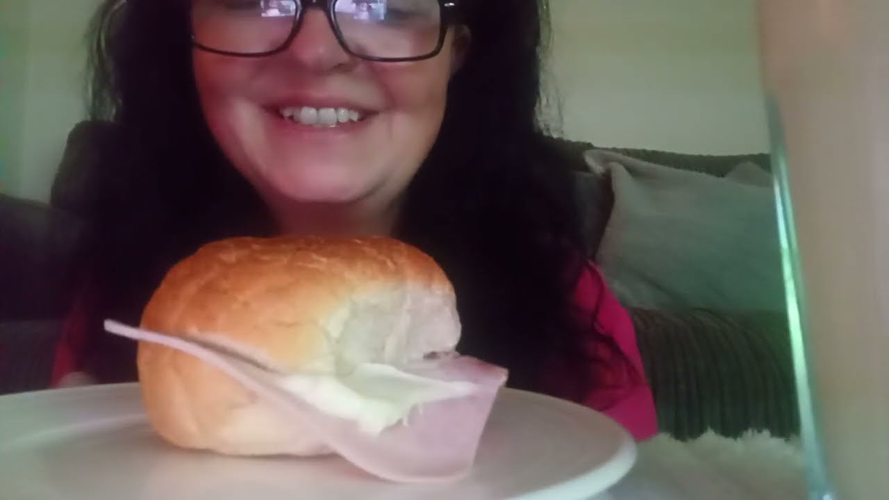 ASMR EATING A HAM MAYO TIGER ROLL WITH CHEESE & ONION RING CRISPS 🤤 