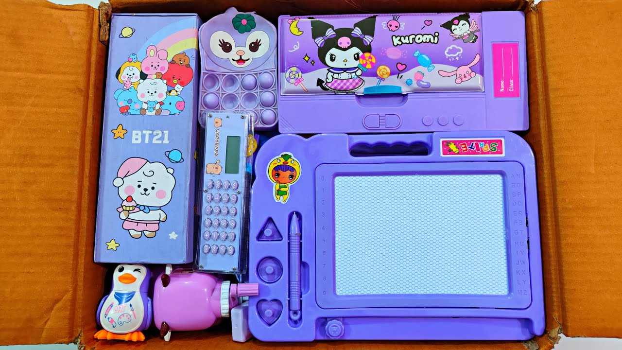 Unboxing Luxury Purple Stationery 📚, Pencil Box, Pouch, Ruler, Sketch board, Sharpener, Pen  Erasner