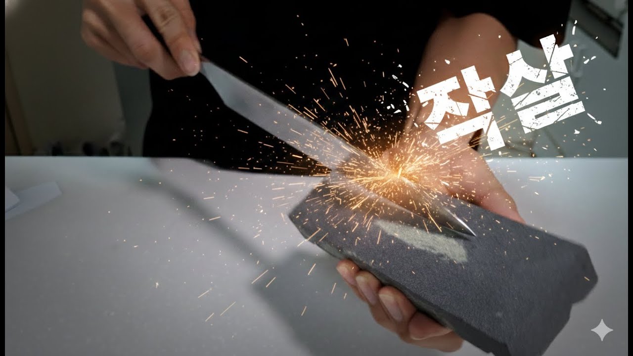 잘 드는 칼날을 벽돌로 작살 내버렸다