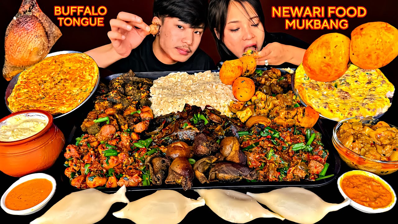 Newari Food Mukbang с дип❤️ жареным языком из буйволиного языка, лисой, хаку чойлой, сапумича, же...