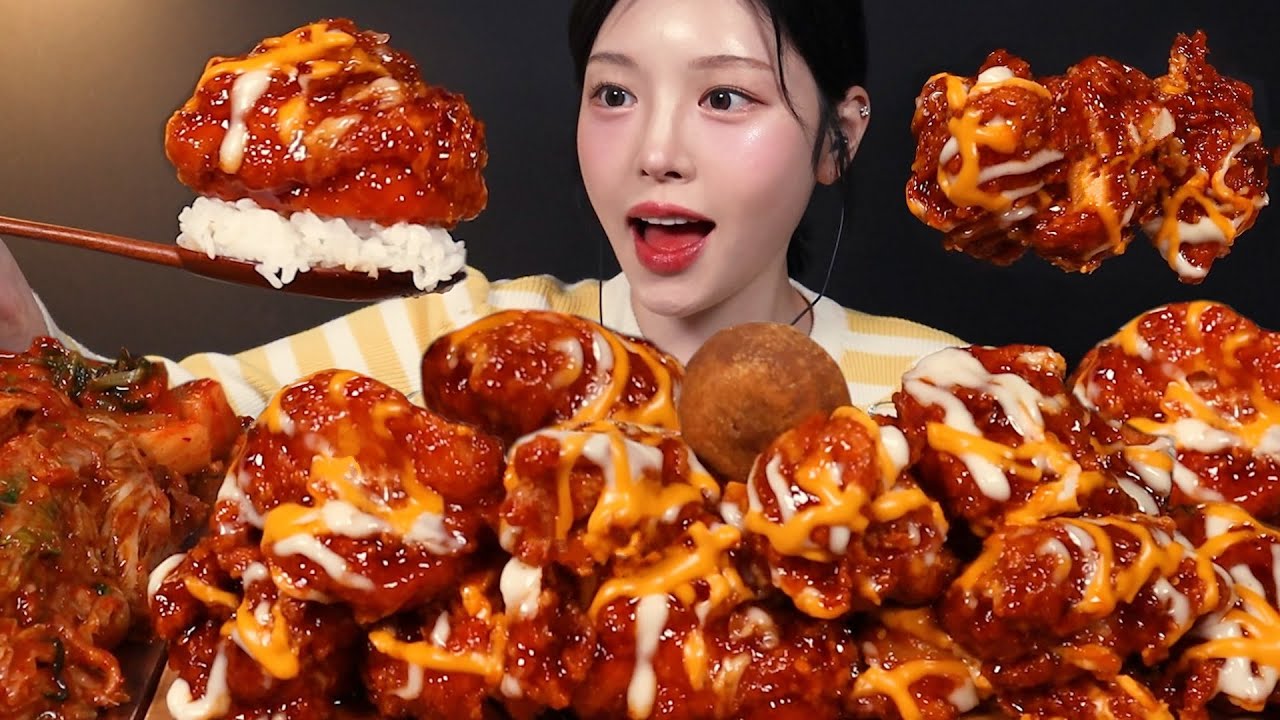 SUB)요즘 핫한 맘스터치 핫치즈빅싸이순살 치킨 먹방! 꾸덕바삭 치밥 꿀조합 리얼사운드 Spicy Cheesy Chicken Mukbang Asmr
