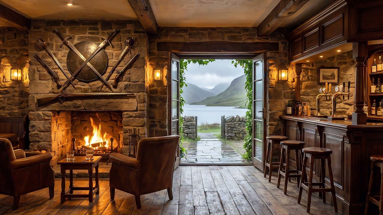 Cozy Scottish Rain Ambience | Highland Pub | Folk Music, Fireplace & Thunder
