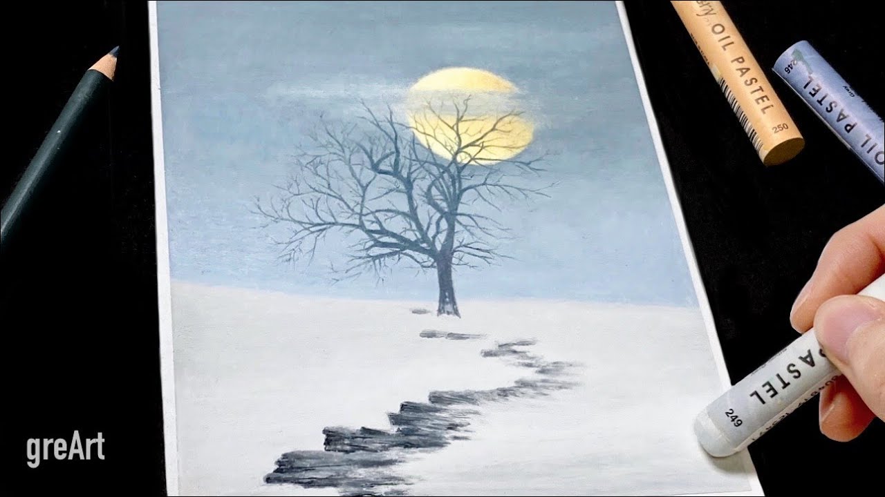 Oil pastel Drawing/Drawing Oil pastel Winter tree for Beginners/Easy