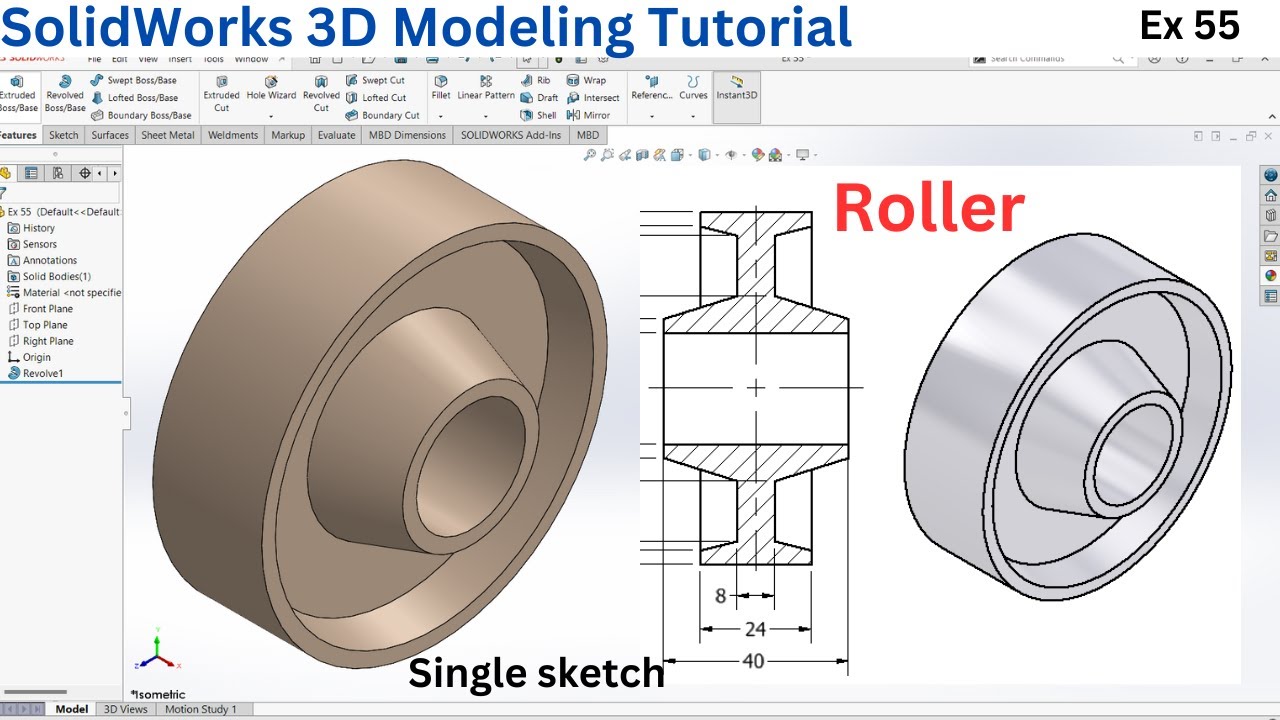 SolidWorks 3D Modeling Tutorial: Ex 55 | Roller Design Step-by-Step