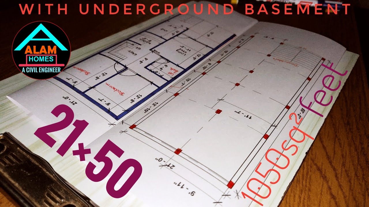 21×50 feet house plan with underground basement details